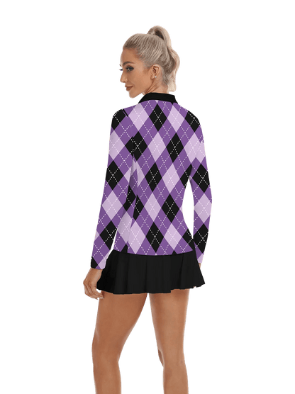 Purple and Black Argyle V-Neck Long Sleeve Polo - Suitable for Daily