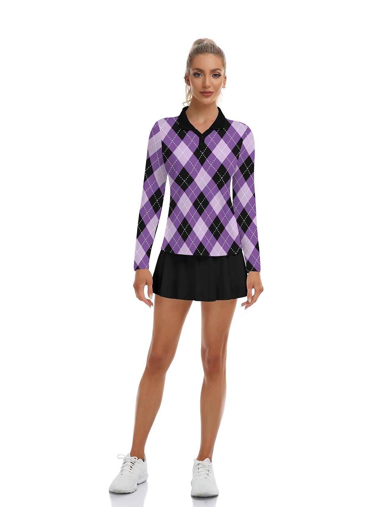 Purple and Black Argyle V-Neck Long Sleeve Polo - Suitable for Daily