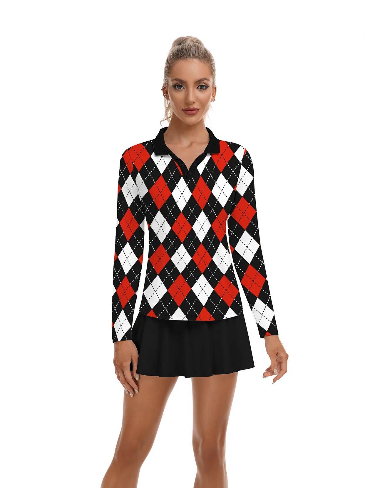 Red and Black Argyle V-Neck Long Sleeve Polo - Suitable for Golf