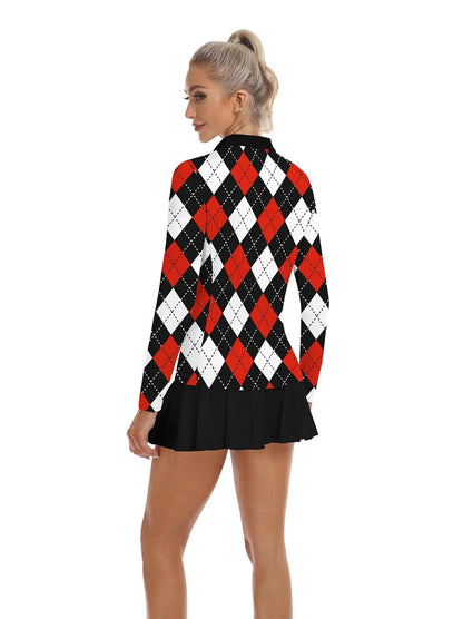 Red and Black Argyle V-Neck Long Sleeve Polo - Suitable for Golf