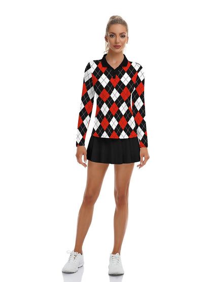 Red and Black Argyle V-Neck Long Sleeve Polo - Suitable for Golf