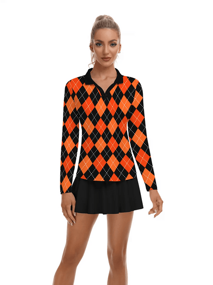 Orange and Black Argyle V-Neck Long Sleeve Polo -Suitable for Outdoor activities