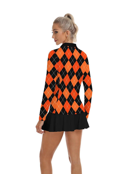 Orange and Black Argyle V-Neck Long Sleeve Polo -Suitable for Outdoor activities