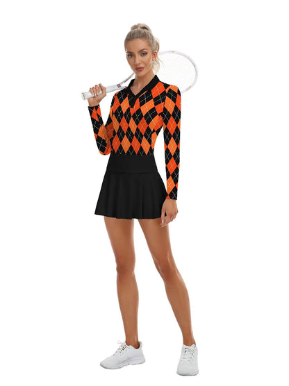 Orange and Black Argyle V-Neck Long Sleeve Polo -Suitable for Outdoor activities