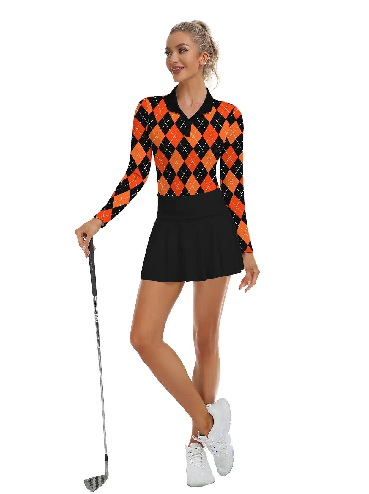 Orange and Black Argyle V-Neck Long Sleeve Polo -Suitable for Outdoor activities