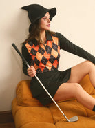 Orange and Black Argyle V-Neck Long Sleeve Polo For Women