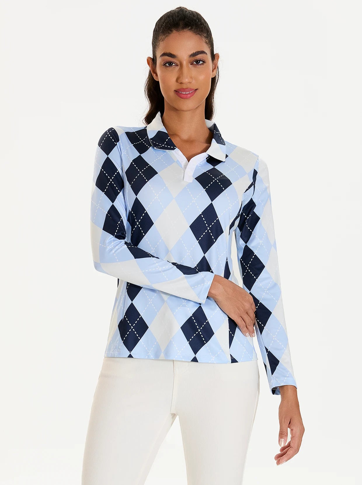 Blue Checkerboard V-Neck Long-sleeve Polo For Women