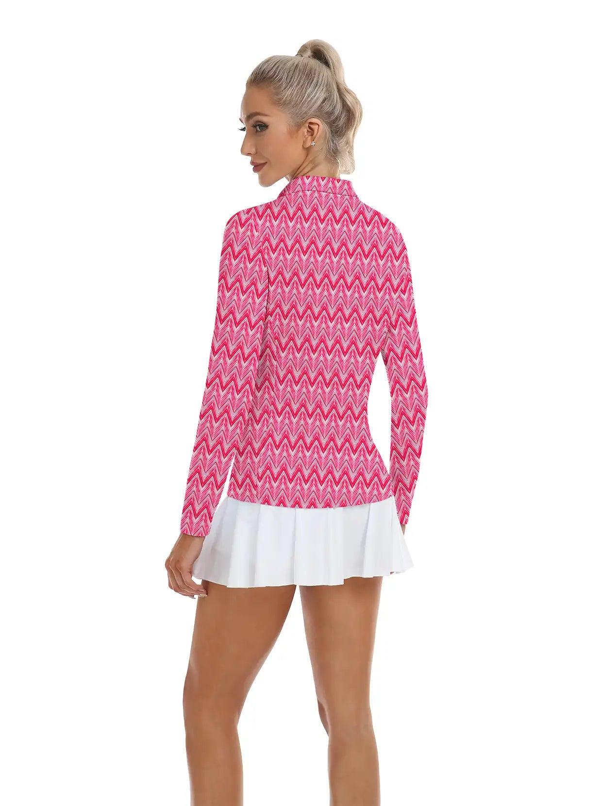 Pink Wavy Print V-Neck Long Sleeve Polo - Suitable for Outings