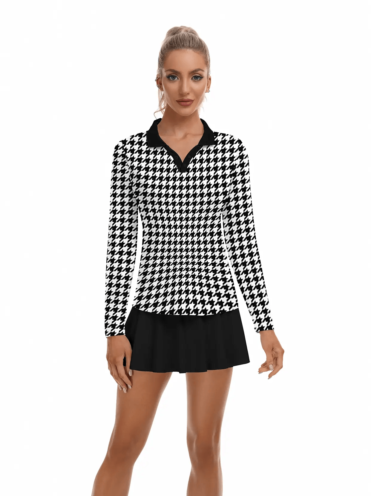 Black Houndstooth V-Neck Long Sleeve Polo - Suitable for Pickleball