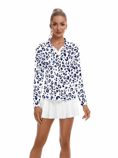 Blue Leopard V-Neck Long Sleeve Polo - Suitable for Casual Outings