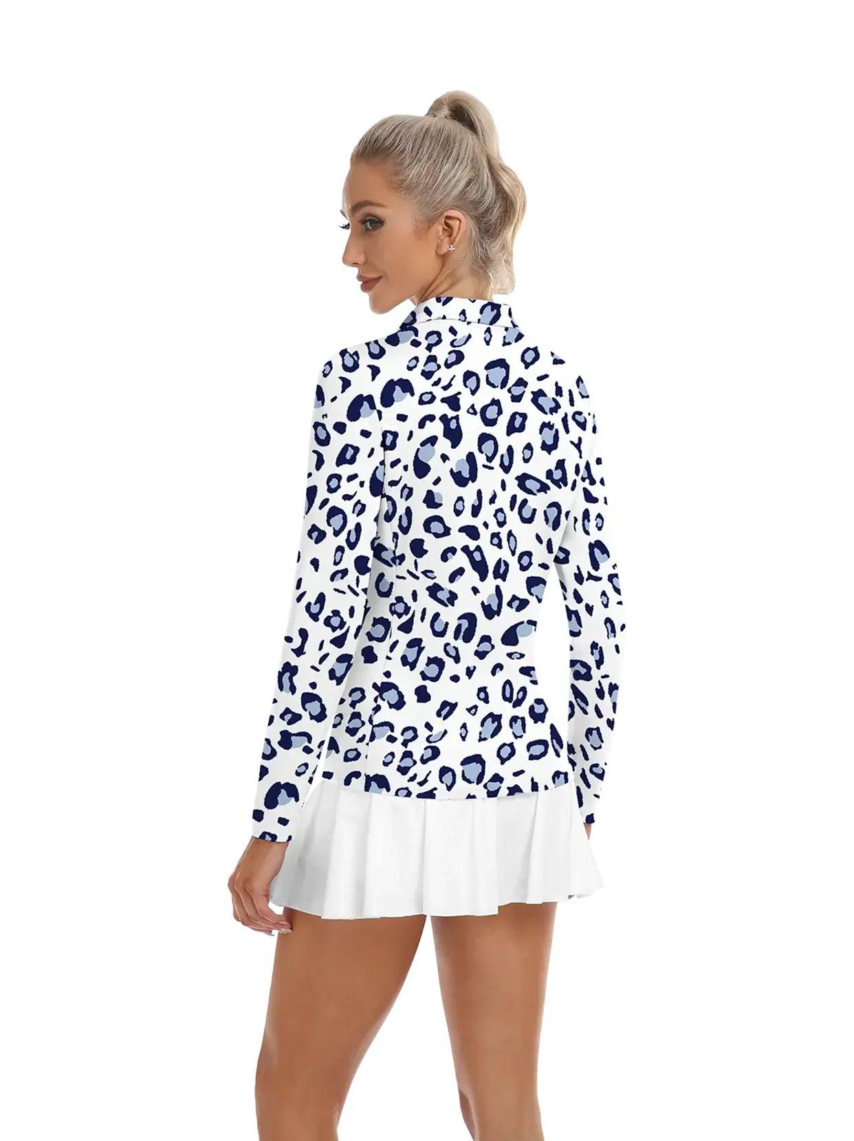 Blue Leopard V-Neck Long Sleeve Polo - Suitable for Casual Outings