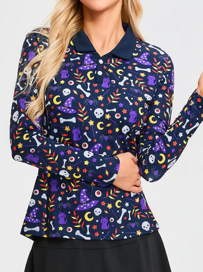 Halloween Purple Hat and Skull V-neck Long-sleeve Polo for Women