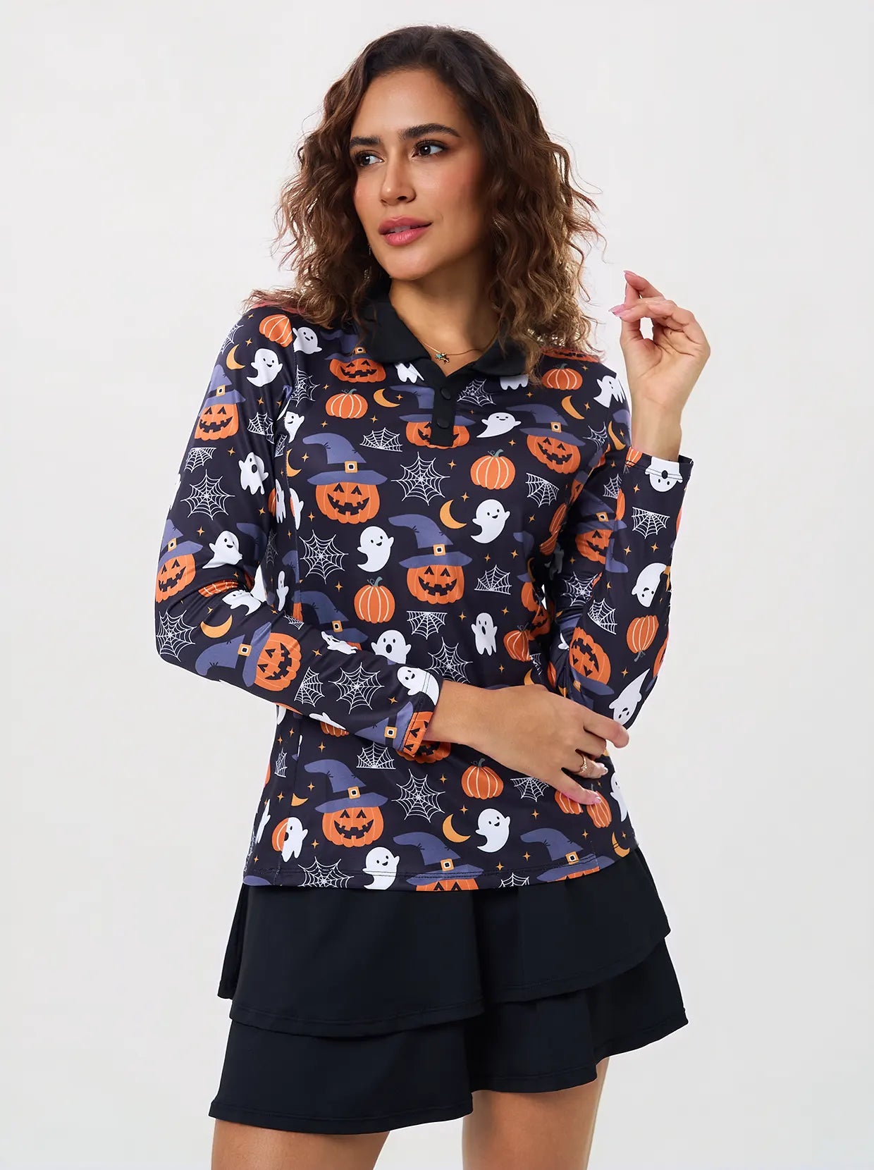 Halloween Pumpkin Ghost V-neck Long Sleeve Polo for Women