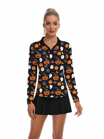 Halloween Pumpkin Ghost V-neck Long Sleeve Polo for Women