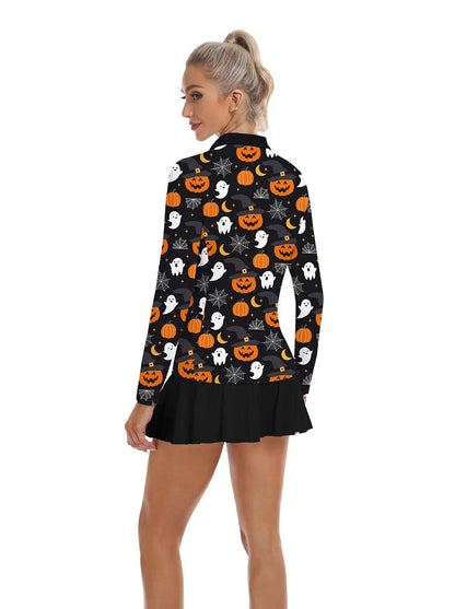 Halloween Pumpkin Ghost V-neck Long Sleeve Polo for Women