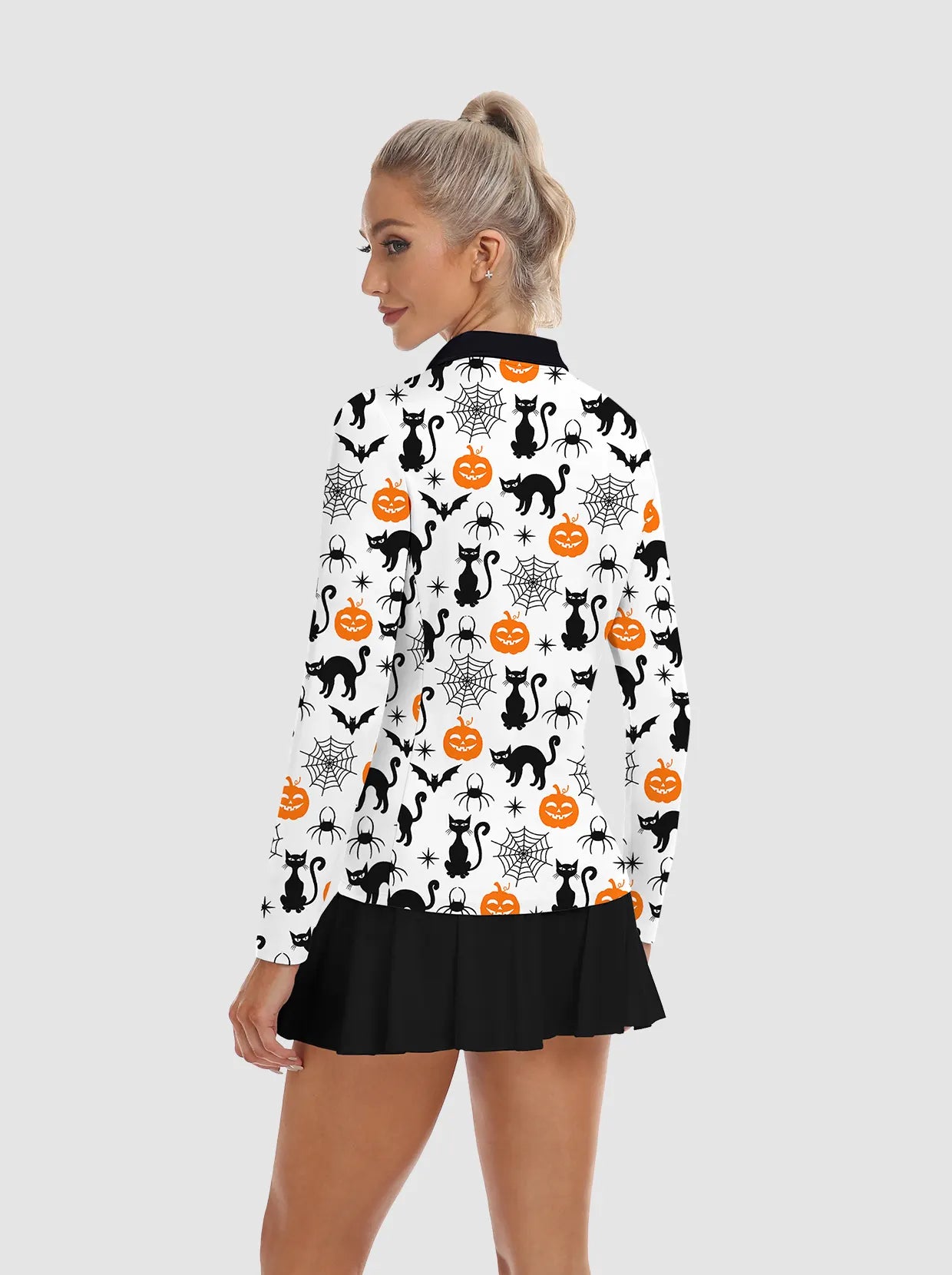 Halloween Pumpkin and Cat V-Neck Long Sleeve Polo for Women