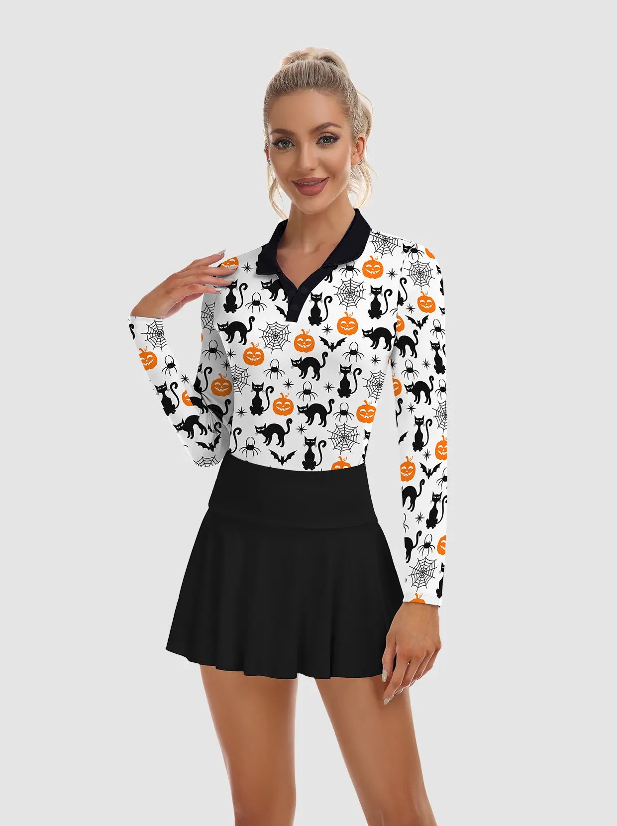 Halloween Pumpkin and Cat V-Neck Long Sleeve Polo for Women