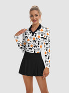 Halloween Pumpkin and Cat V-Neck Long Sleeve Polo for Women