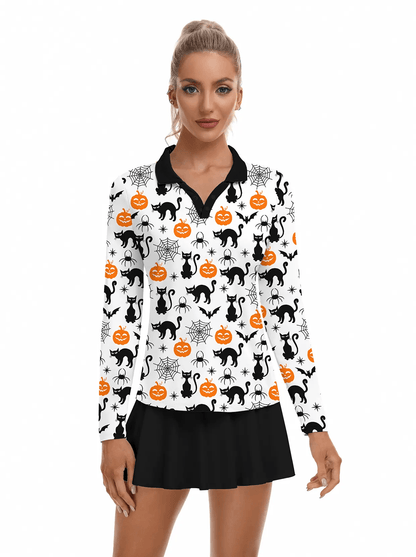 Halloween Pumpkin and Cat V-Neck Long Sleeve Polo for Women