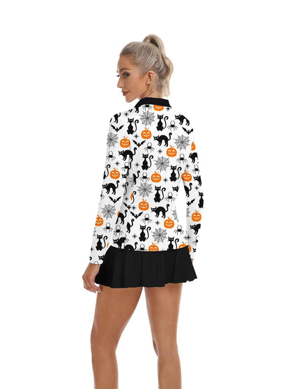 Halloween Pumpkin and Cat V-Neck Long Sleeve Polo for Women