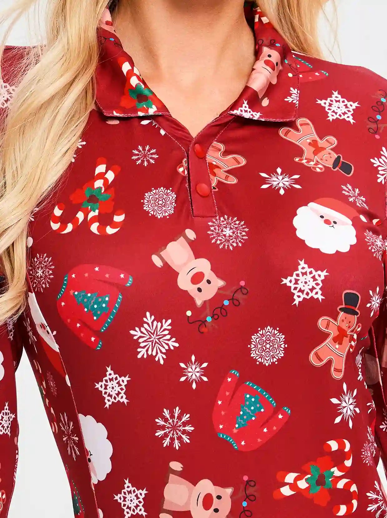 Christmas Red Snowflake V-neck Long-sleeve Polo for Women