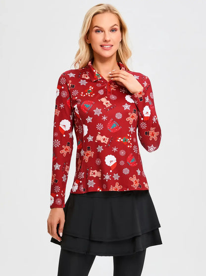 Christmas Red Snowflake V-neck Long-sleeve Polo for Women