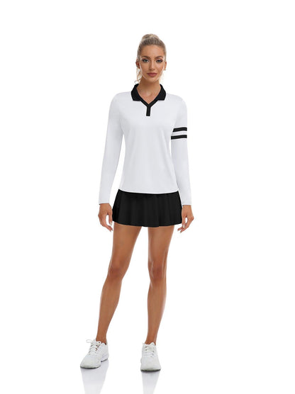 White V-Neck Collar Long Sleeve Golf Shirt