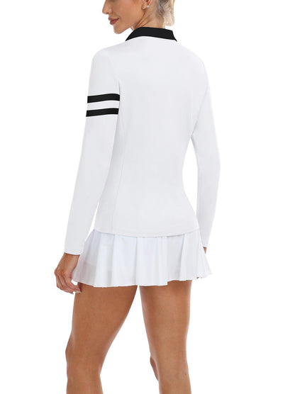 White V-Neck Collar Long Sleeve Golf Shirt