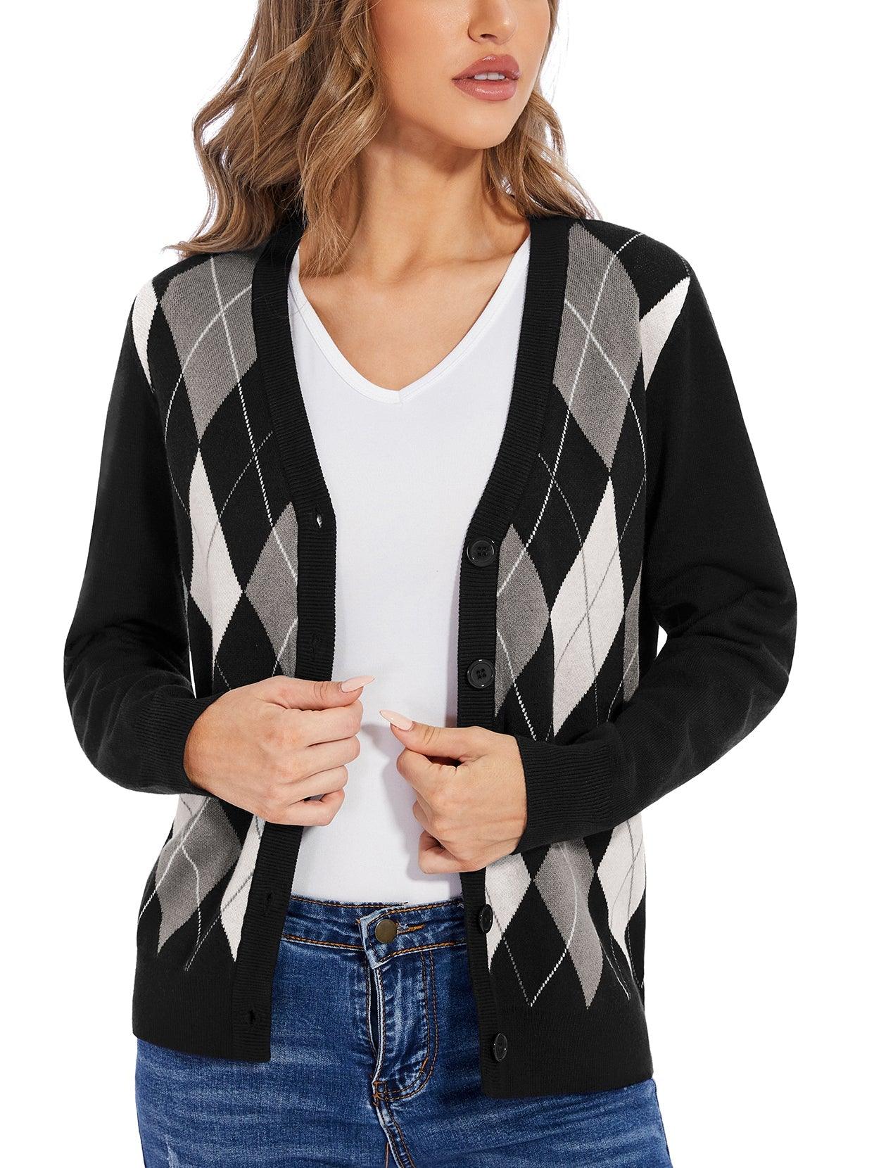 Ladies Long Sleeve Jacket-🔥SO® Black and Grey Checkerboard Open Front Knit Cardigan Sweaters Button Down V Neck Outwear Coat