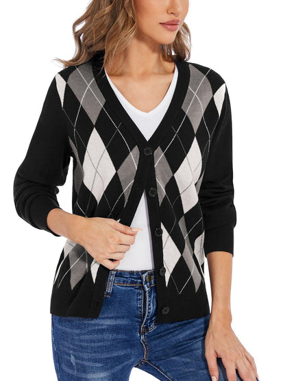 Ladies Long Sleeve Jacket-🔥SO® Black and Grey Checkerboard Open Front Knit Cardigan Sweaters Button Down V Neck Outwear Coat