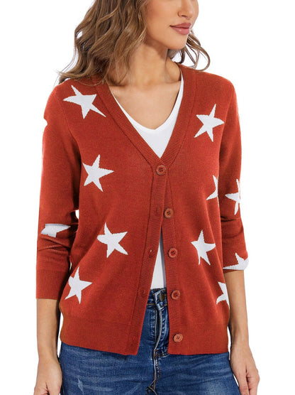 Ladies Long Sleeve Jacket-🔥SO® Red Stars Open Front Knit Cardigan Sweaters Button Down V Neck Outwear Coat