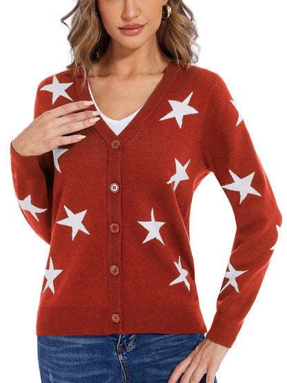 Ladies Long Sleeve Jacket-🔥SO® Red Stars Open Front Knit Cardigan Sweaters Button Down V Neck Outwear Coat