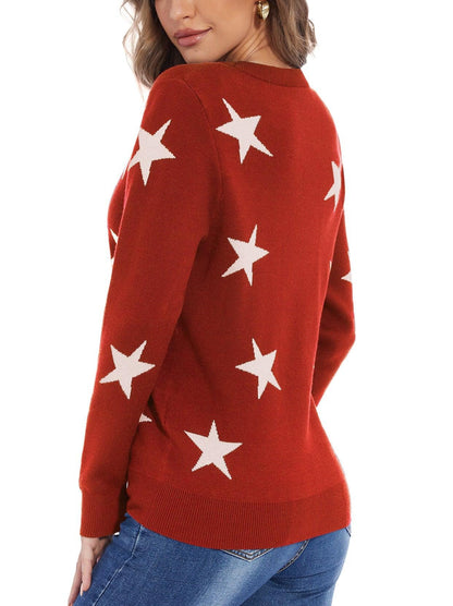 Ladies Long Sleeve Jacket-🔥SO® Red Stars Open Front Knit Cardigan Sweaters Button Down V Neck Outwear Coat