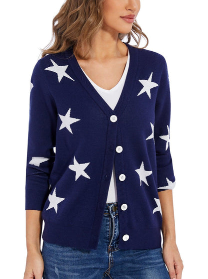 Ladies Long Sleeve Jacket-🔥SO® Blue Stars Open Front Knit Cardigan Sweaters Button Down V Neck Outwear Coat