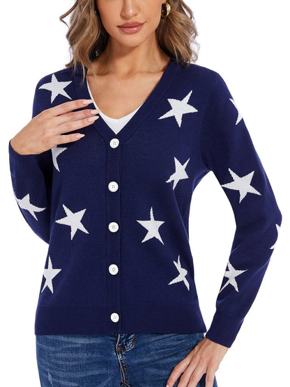 Ladies Long Sleeve Jacket-🔥SO® Blue Stars Open Front Knit Cardigan Sweaters Button Down V Neck Outwear Coat