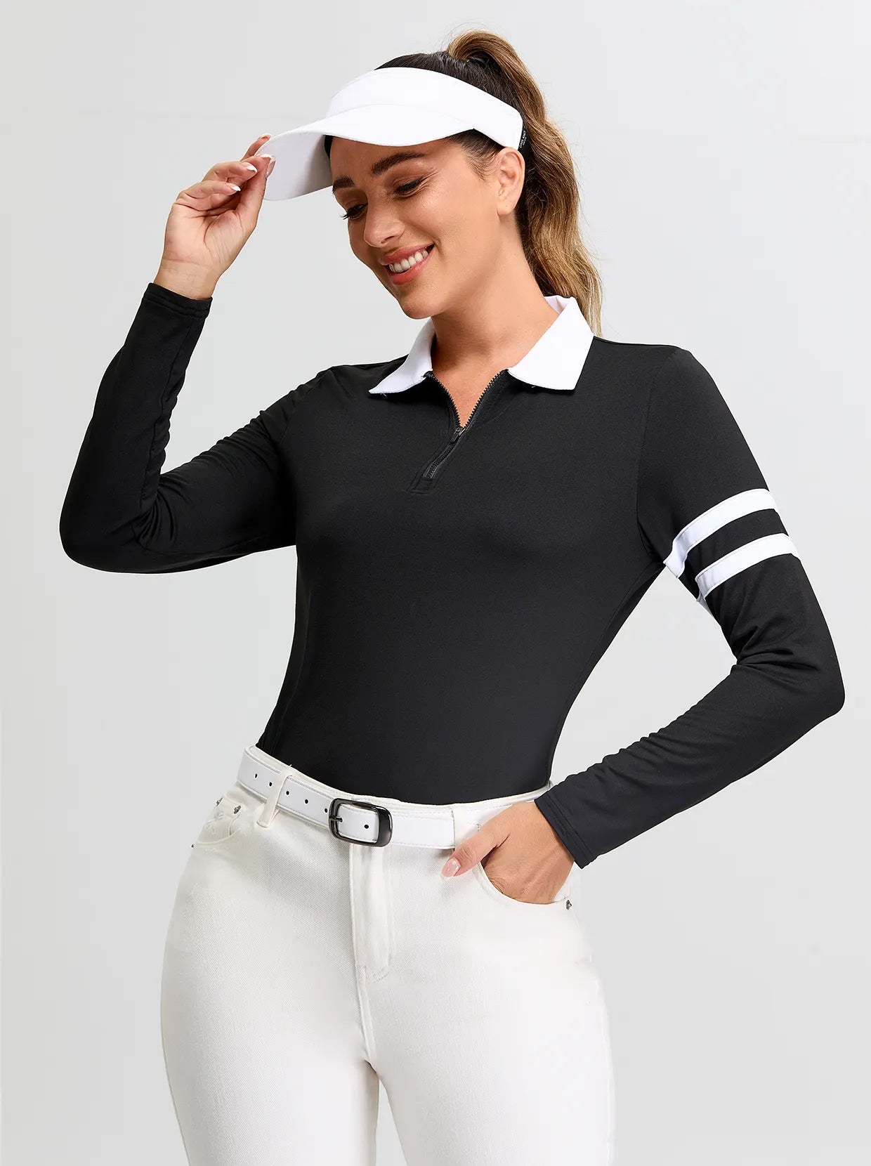 Black V-Neck Long-sleeve Fleece Top for Women