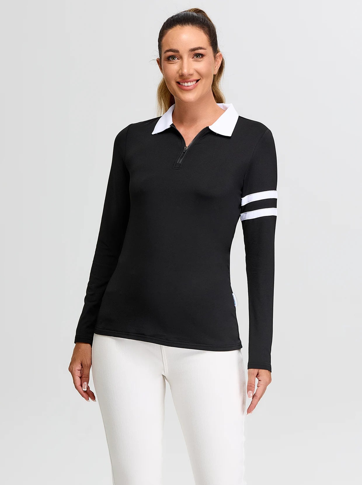 Black V-Neck Long-sleeve Fleece Top for Women