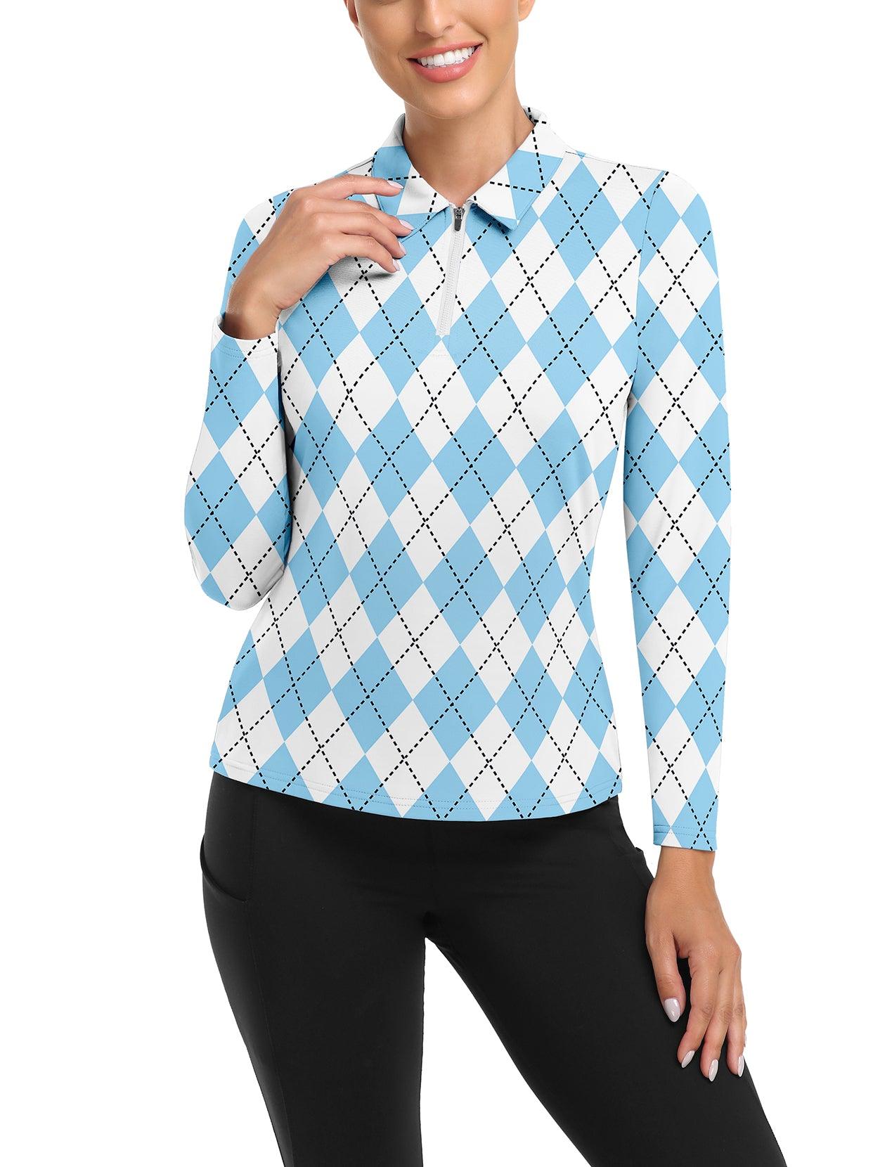 Blue and White Argyle V-Neck Long-sleeve Fleece Top for Women