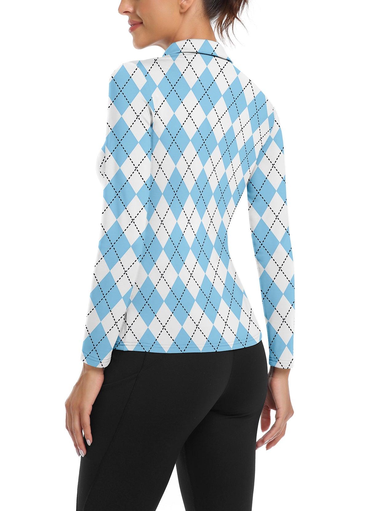 Blue and White Argyle V-Neck Long-sleeve Fleece Top for Women