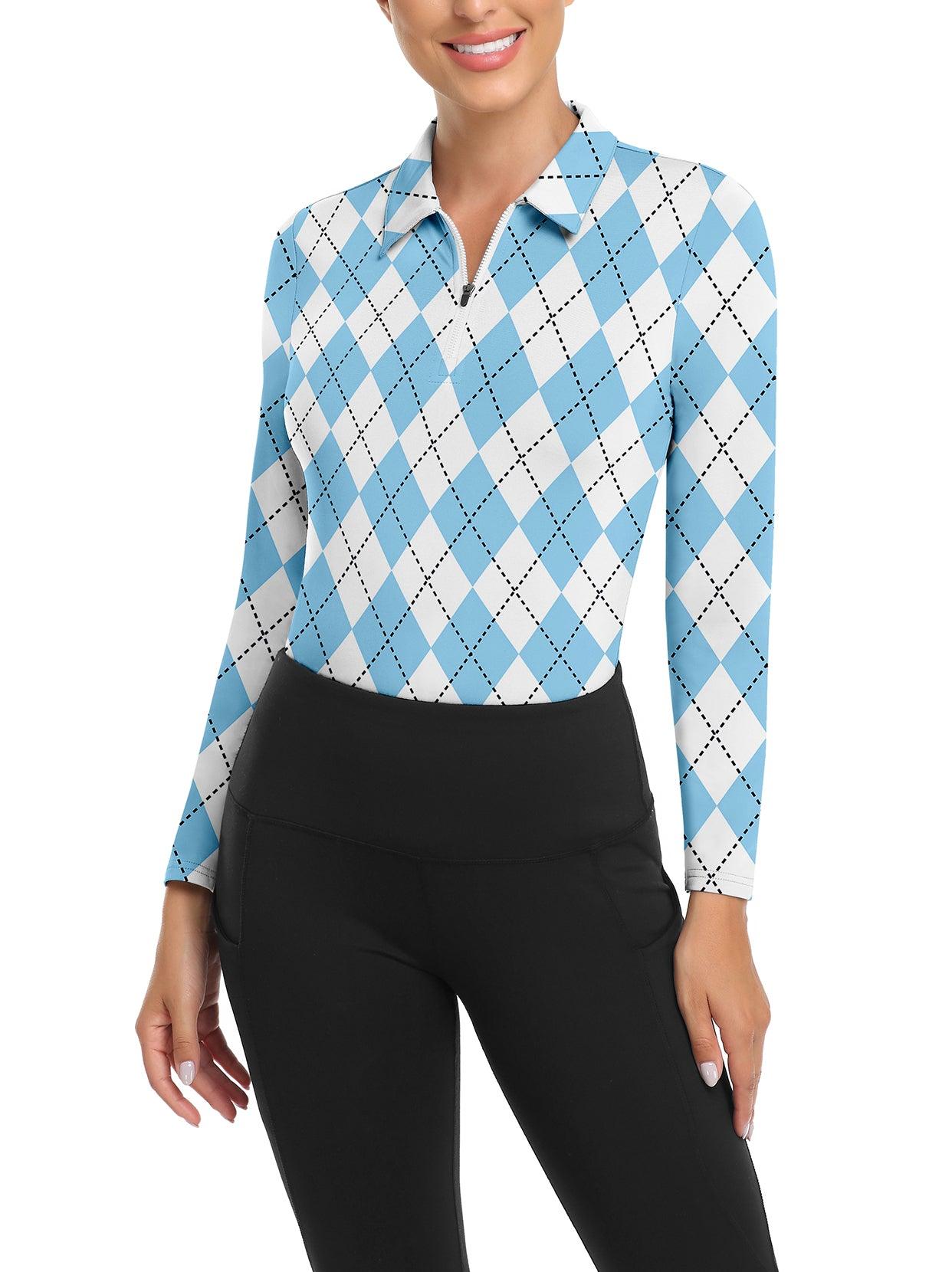 Blue and White Argyle V-Neck Long-sleeve Fleece Top for Women