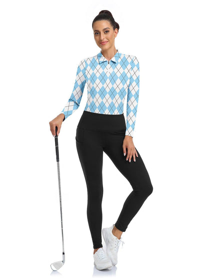 Blue and White Argyle V-Neck Long-sleeve Fleece Top for Women