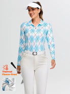 Blue and White Argyle V-Neck Long-sleeve Fleece Top for Women