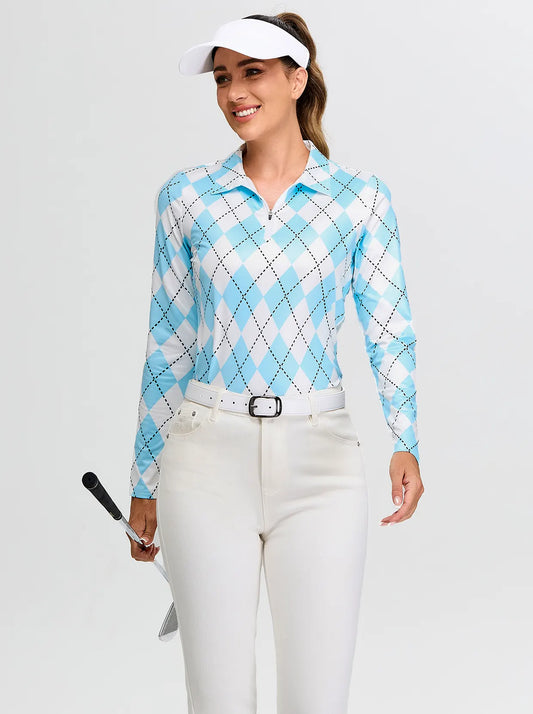 Blue and White Argyle V-Neck Long-sleeve Fleece Top for Women