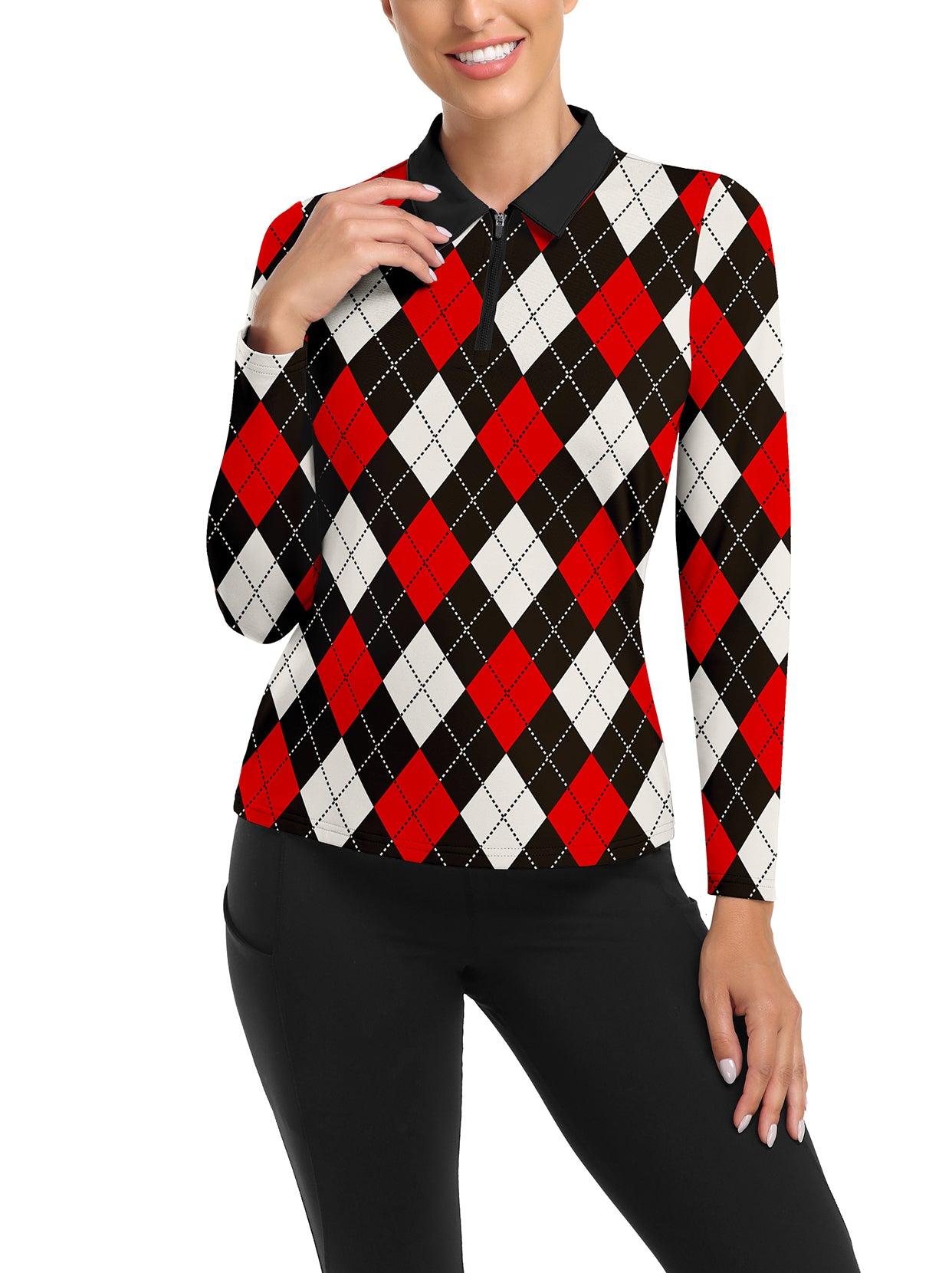 Black and Red Checkerboard V-Neck Long-sleeve Golf Shirt for Women