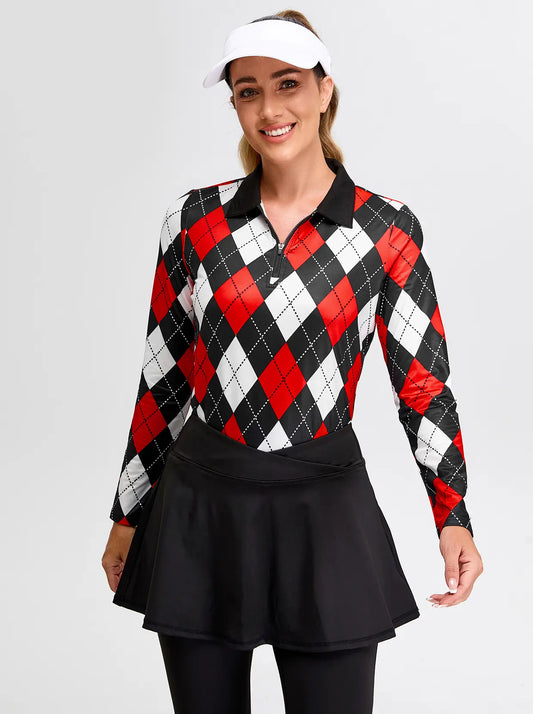 Black and Red Checkerboard Quarter-zip Long-sleeve Fleece Top for Women