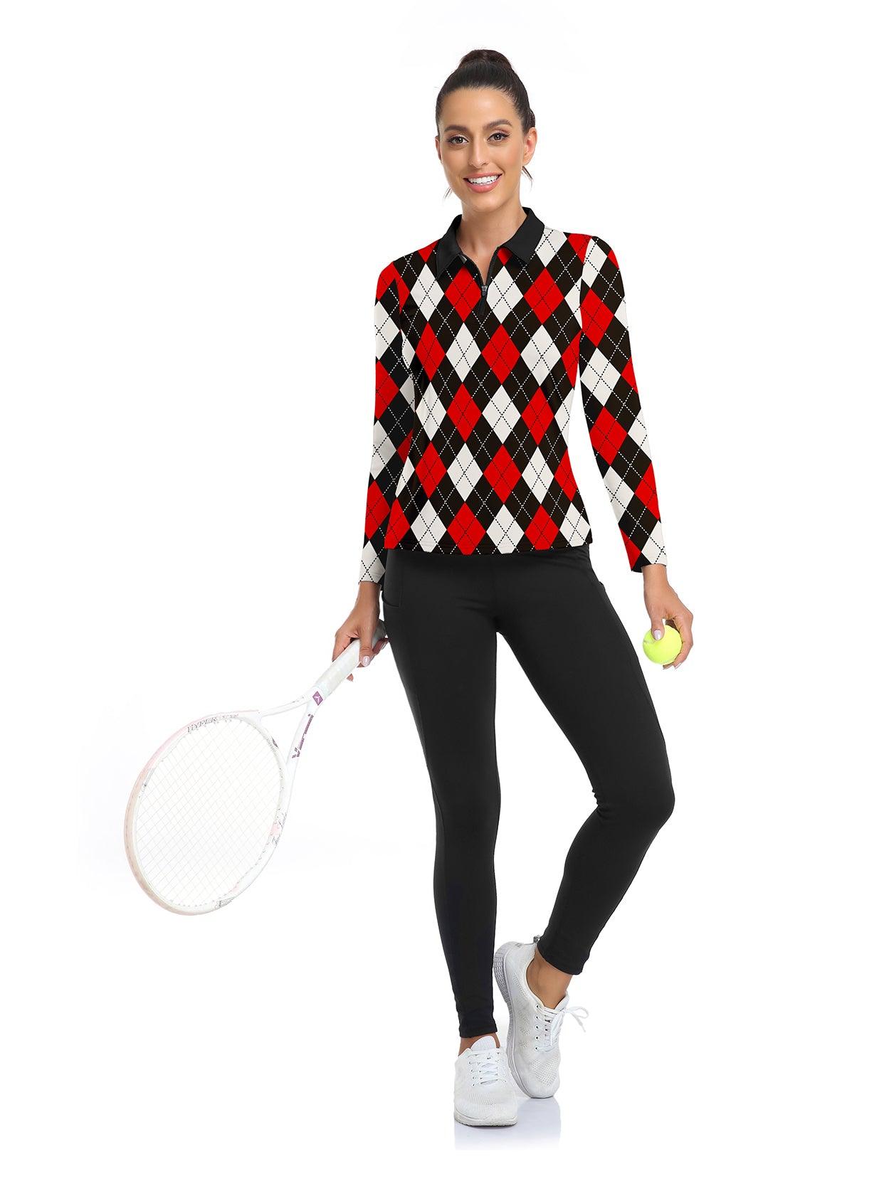 Black and Red Checkerboard V-Neck Long-sleeve Fleece Top for Women