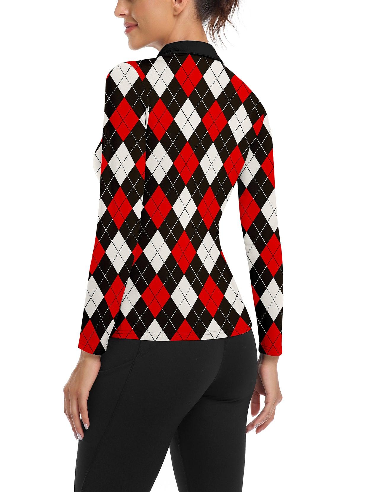 Black and Red Checkerboard V-Neck Long-sleeve Fleece Top for Women