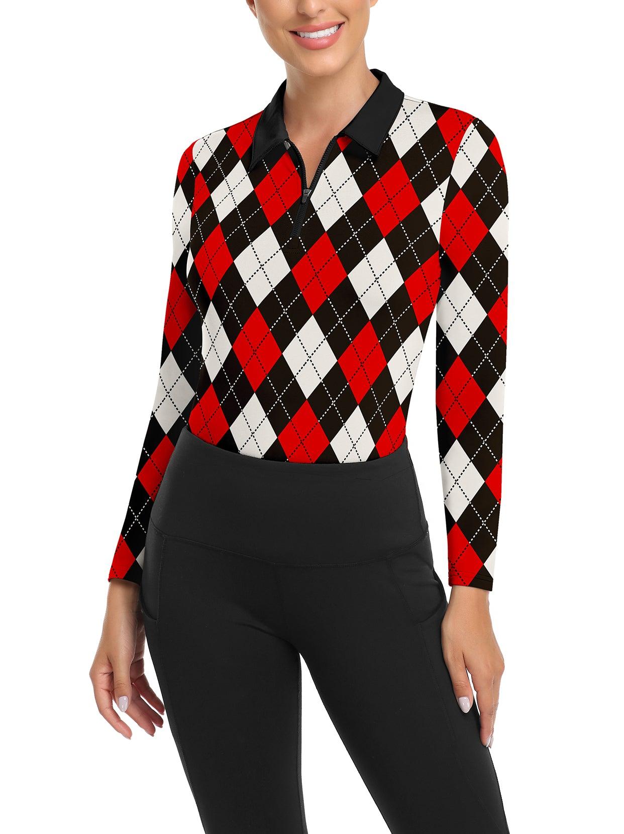 Black and Red Checkerboard V-Neck Long-sleeve Golf Shirt for Women