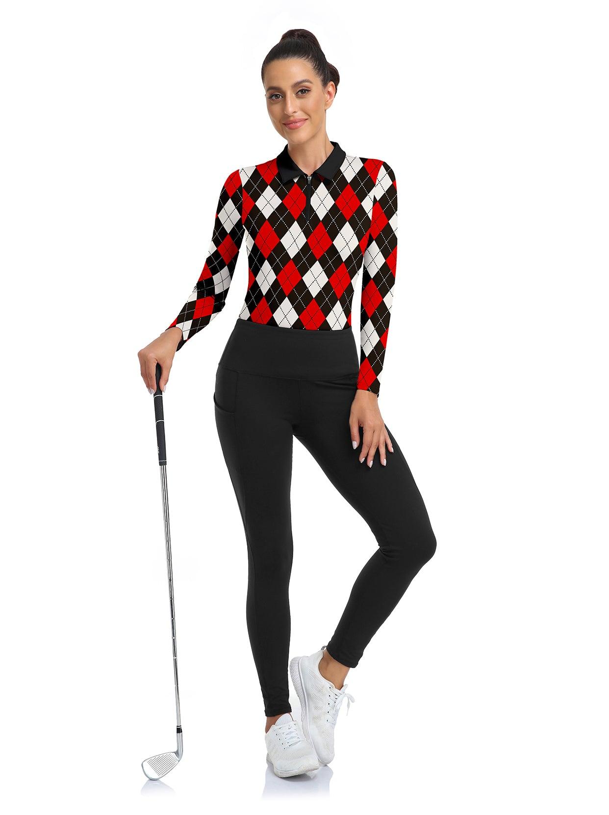 Black and Red Checkerboard V-Neck Long-sleeve Golf Shirt for Women