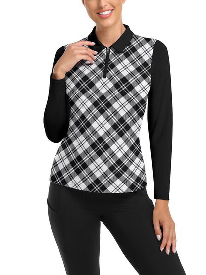 Black and Grey Checkerboard V-Neck Long-sleeve Golf Shirt for Women